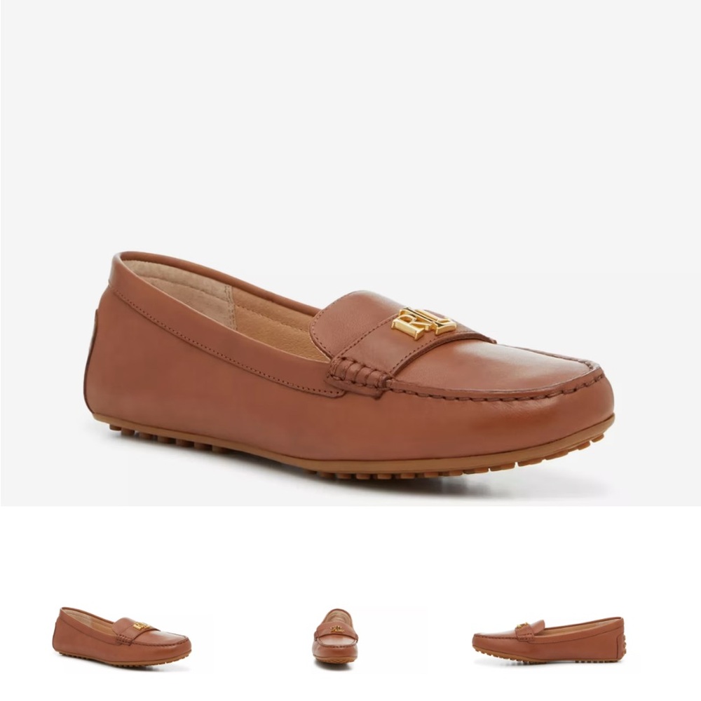 Ralph Lauren Cognac Leather Loafers with Gold Accent Logo